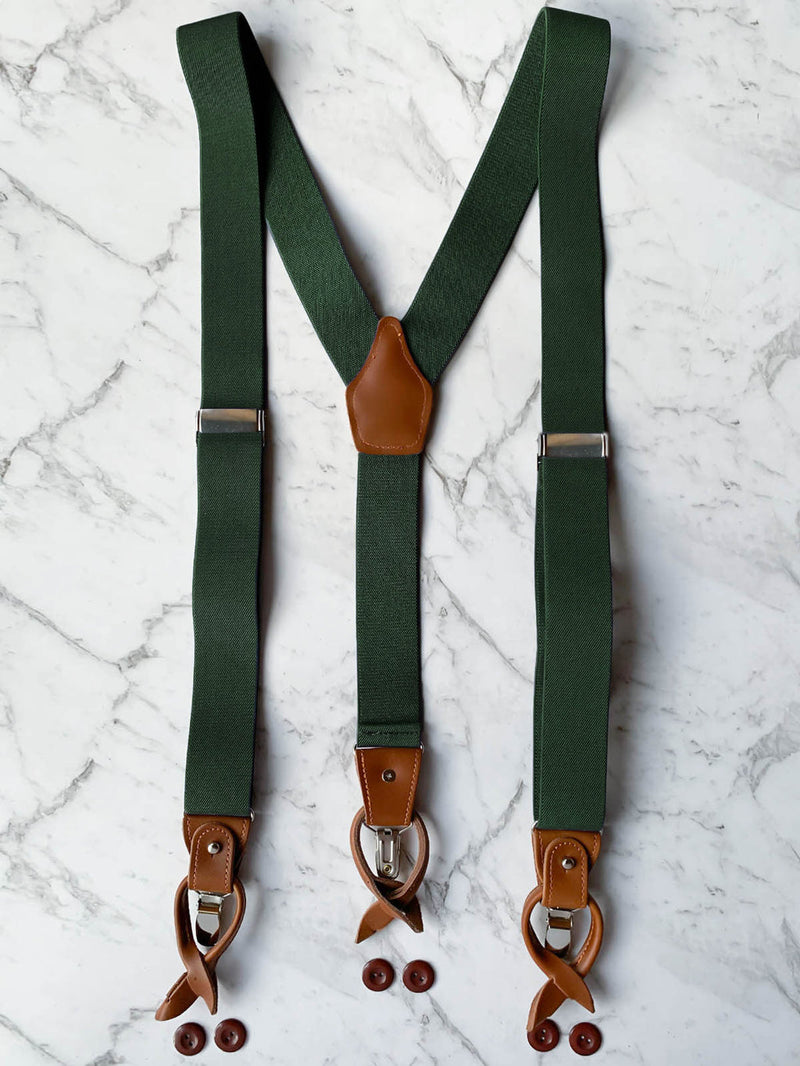Forest Green Leather Trim Suspenders & Silk Bow Tie Set