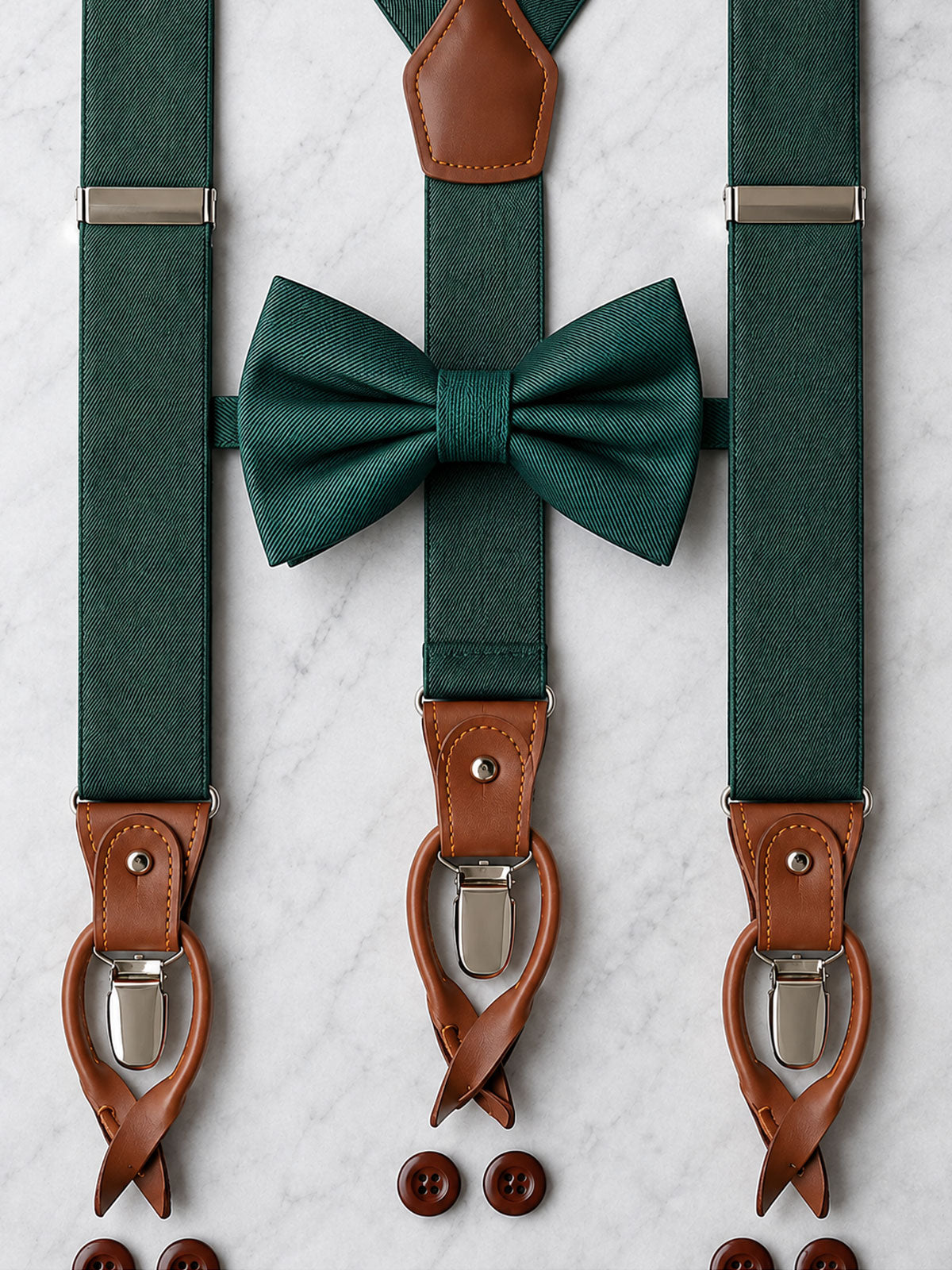 Forest Green Leather Trim Suspenders & Silk Bow Tie Set
