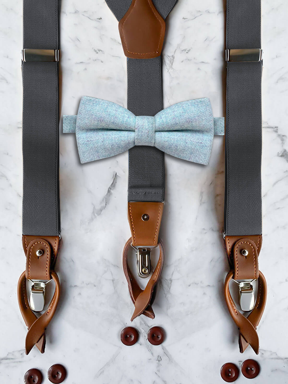 Gunmetal Grey Leather Trim Suspenders & Woollen Bow Tie Set
