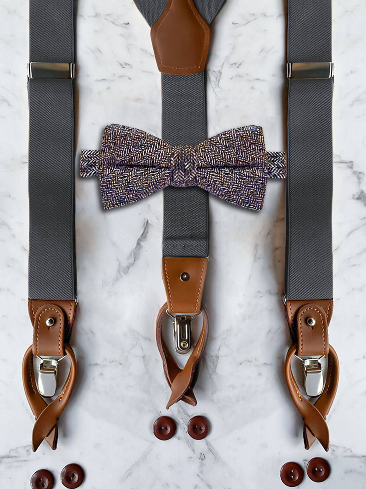 Gunmetal Grey Leather Trim Suspenders & Woollen Bow Tie Set