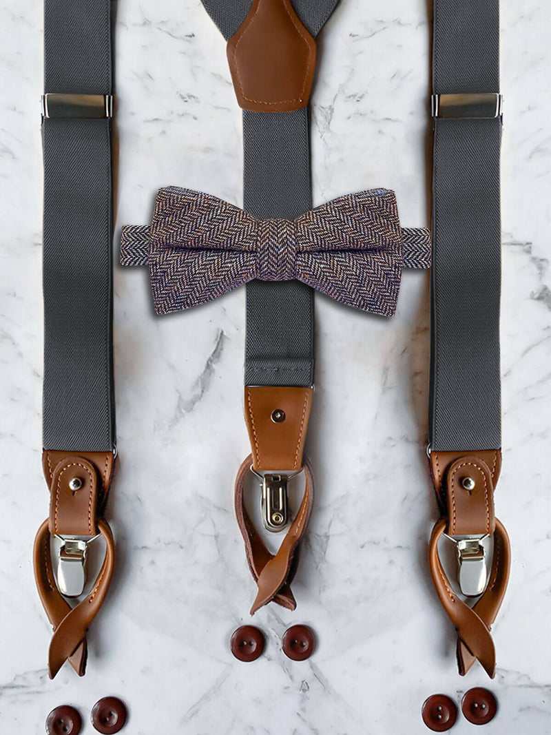 Gunmetal Grey Leather Trim Suspenders & Woollen Bow Tie Set