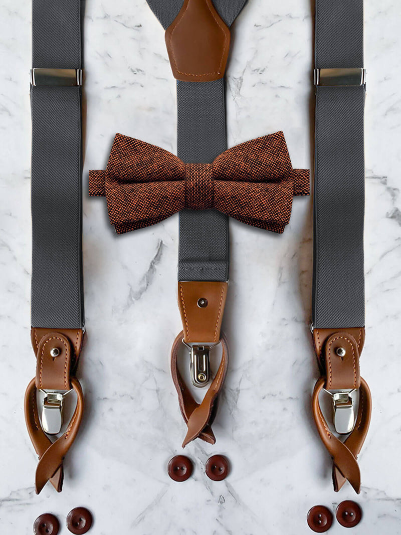 Gunmetal Grey Leather Trim Suspenders & Woollen Bow Tie Set
