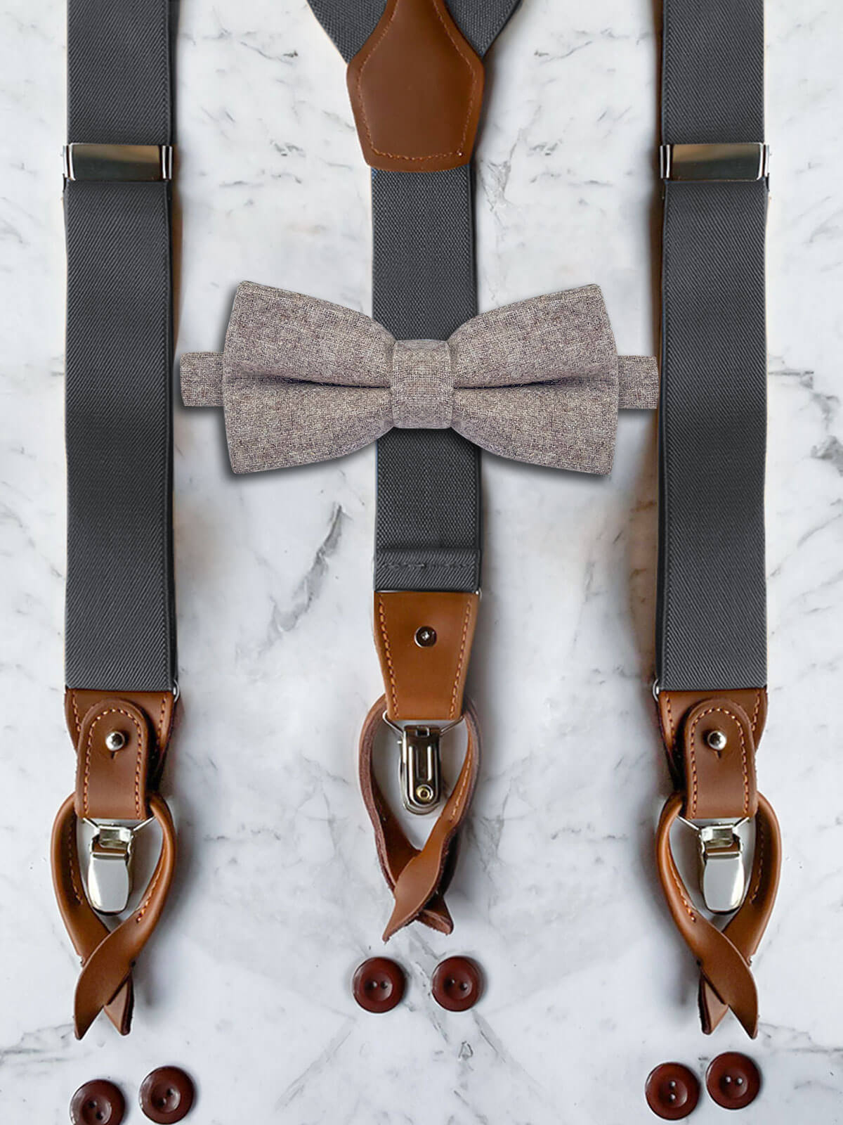 Gunmetal Grey Leather Trim Suspenders & Woollen Bow Tie Set
