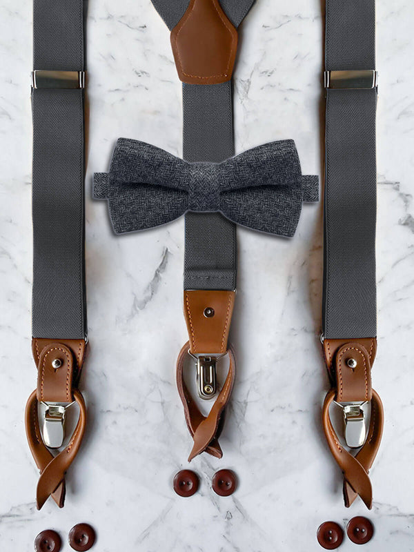 Gunmetal Grey Leather Trim Suspenders & Woollen Bow Tie Set