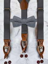 Gunmetal Grey Leather Trim Suspenders & Woollen Bow Tie Set