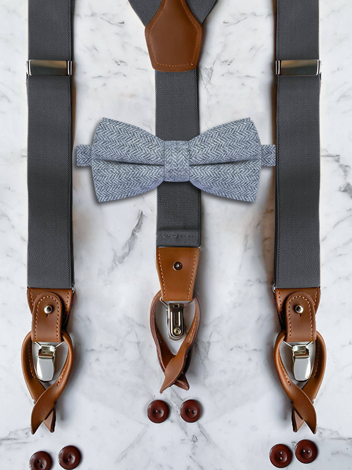 Gunmetal Grey Leather Trim Suspenders & Woollen Bow Tie Set