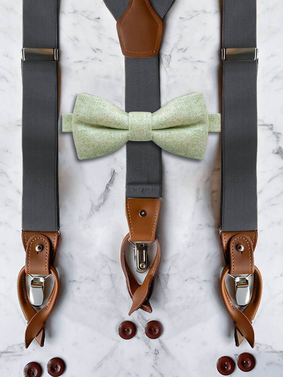 Gunmetal Grey Leather Trim Suspenders & Woollen Bow Tie Set