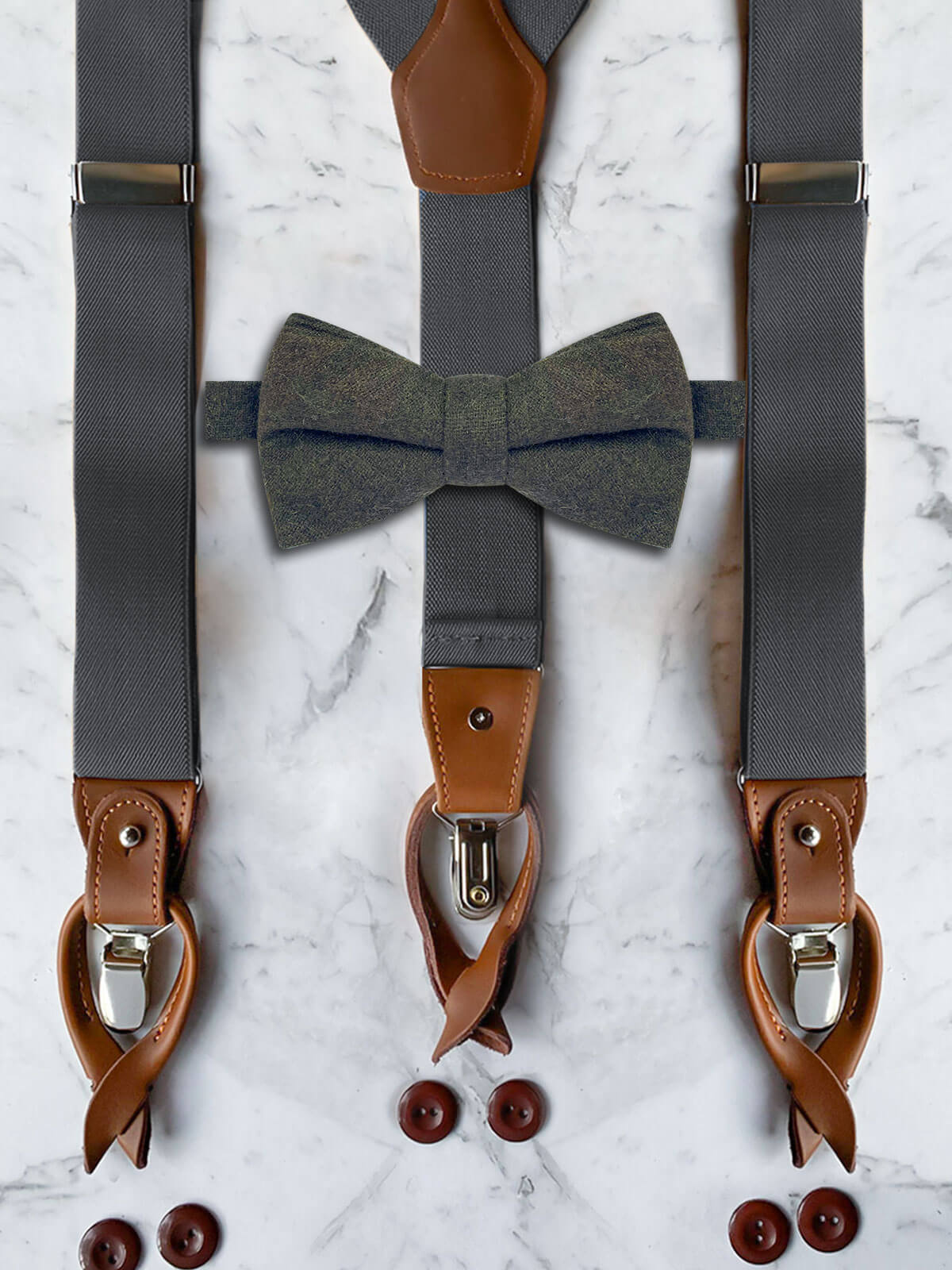 Gunmetal Grey Leather Trim Suspenders & Woollen Bow Tie Set