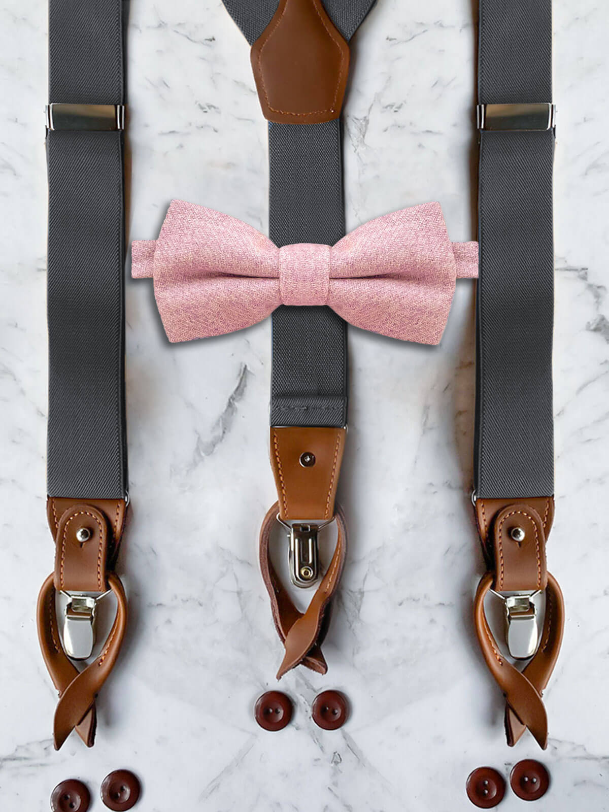 Gunmetal Grey Leather Trim Suspenders & Woollen Bow Tie Set