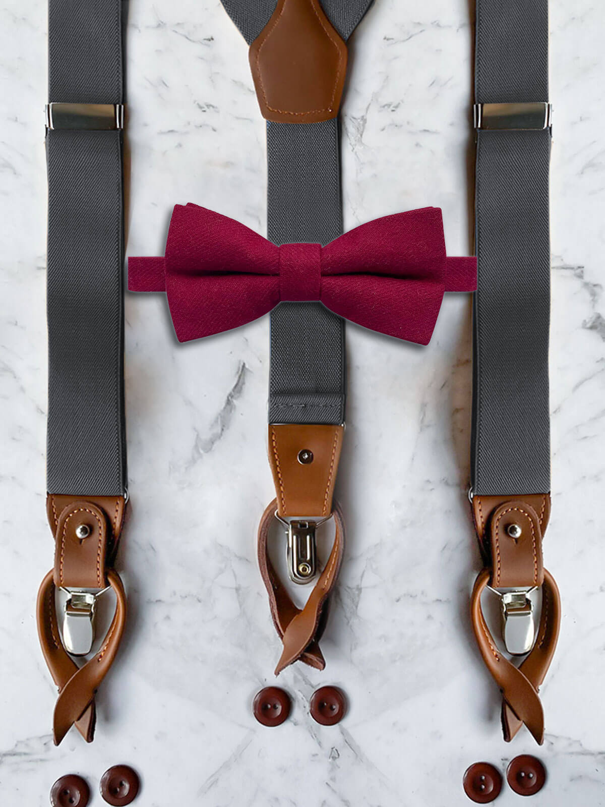 Gunmetal Grey Leather Trim Suspenders & Woollen Bow Tie Set