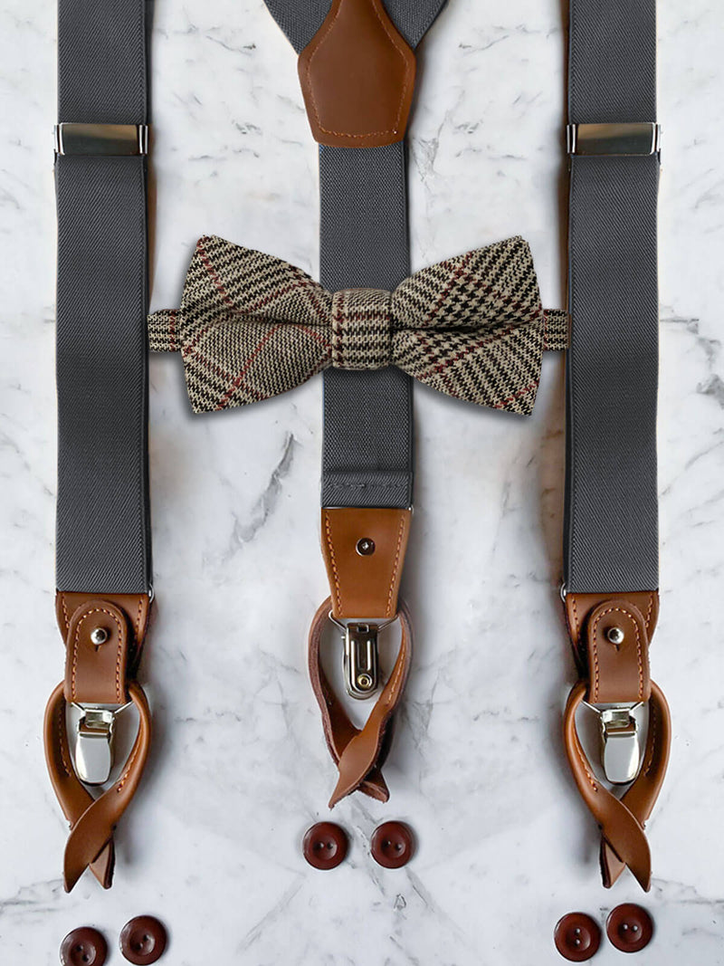 Gunmetal Grey Leather Trim Suspenders & Woollen Bow Tie Set