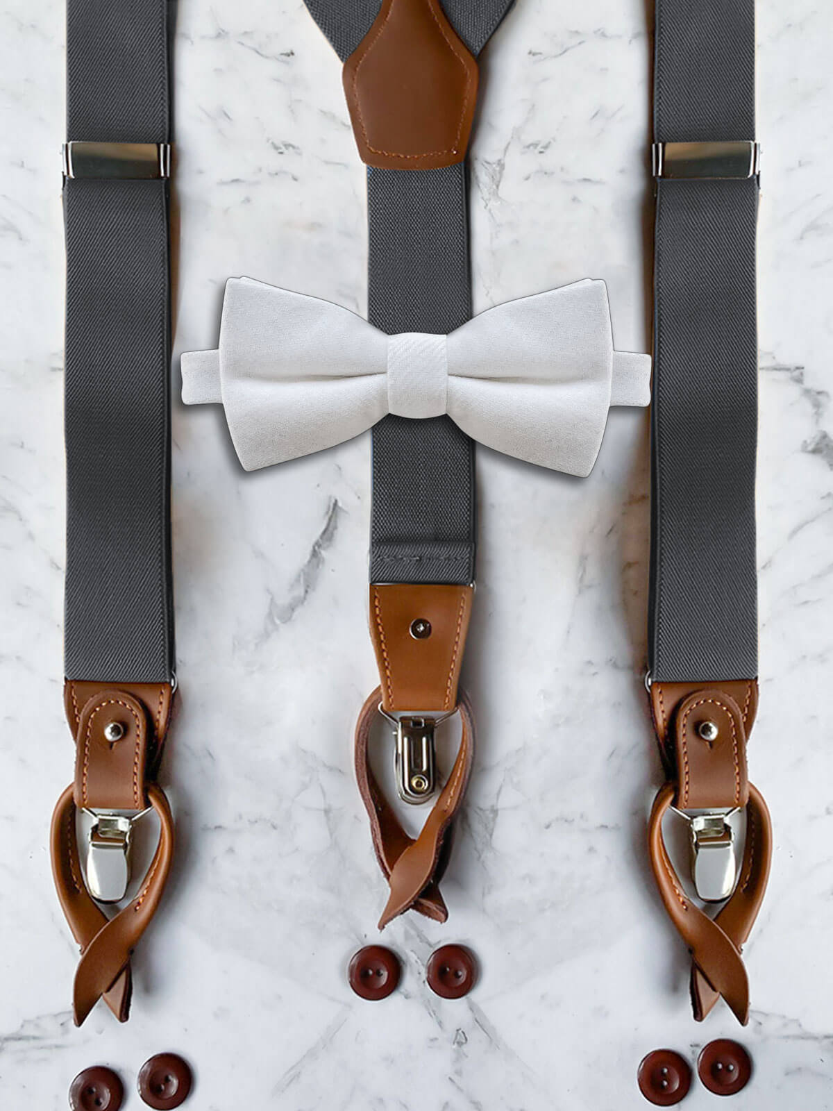 Gunmetal Grey Leather Trim Suspenders & Woollen Bow Tie Set