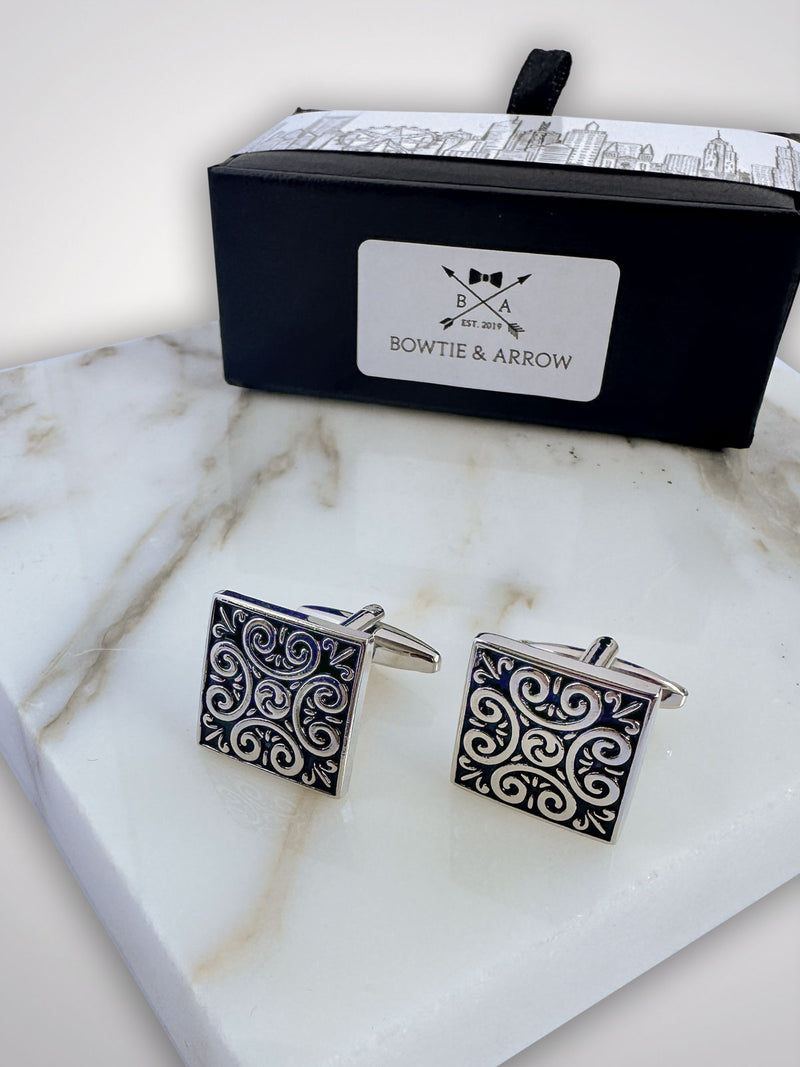 Regal Patterned Black and Silver Cufflinks