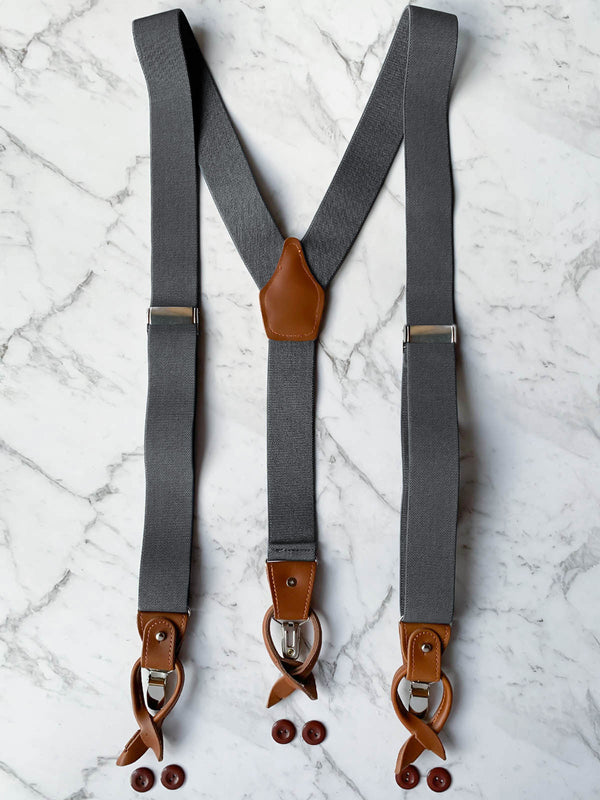 Gunmetal Grey Leather Trim Suspenders & Woollen Bow Tie Set