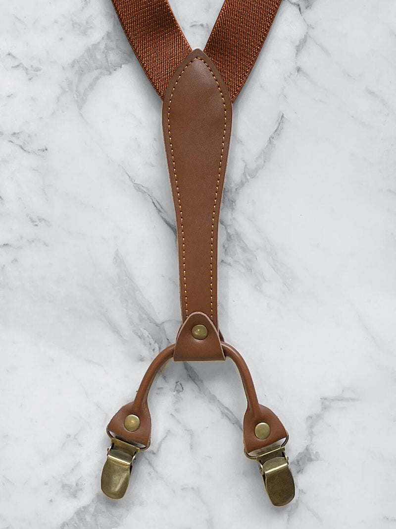 Tan Slimline Leather Trim Suspenders & Woollen Bow Tie Set