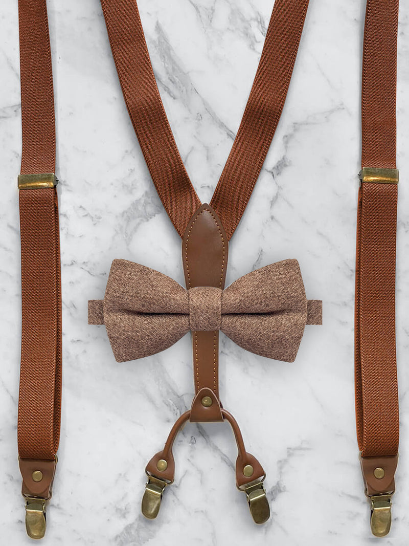 Tan Slimline Leather Trim Suspenders & Woollen Bow Tie Set