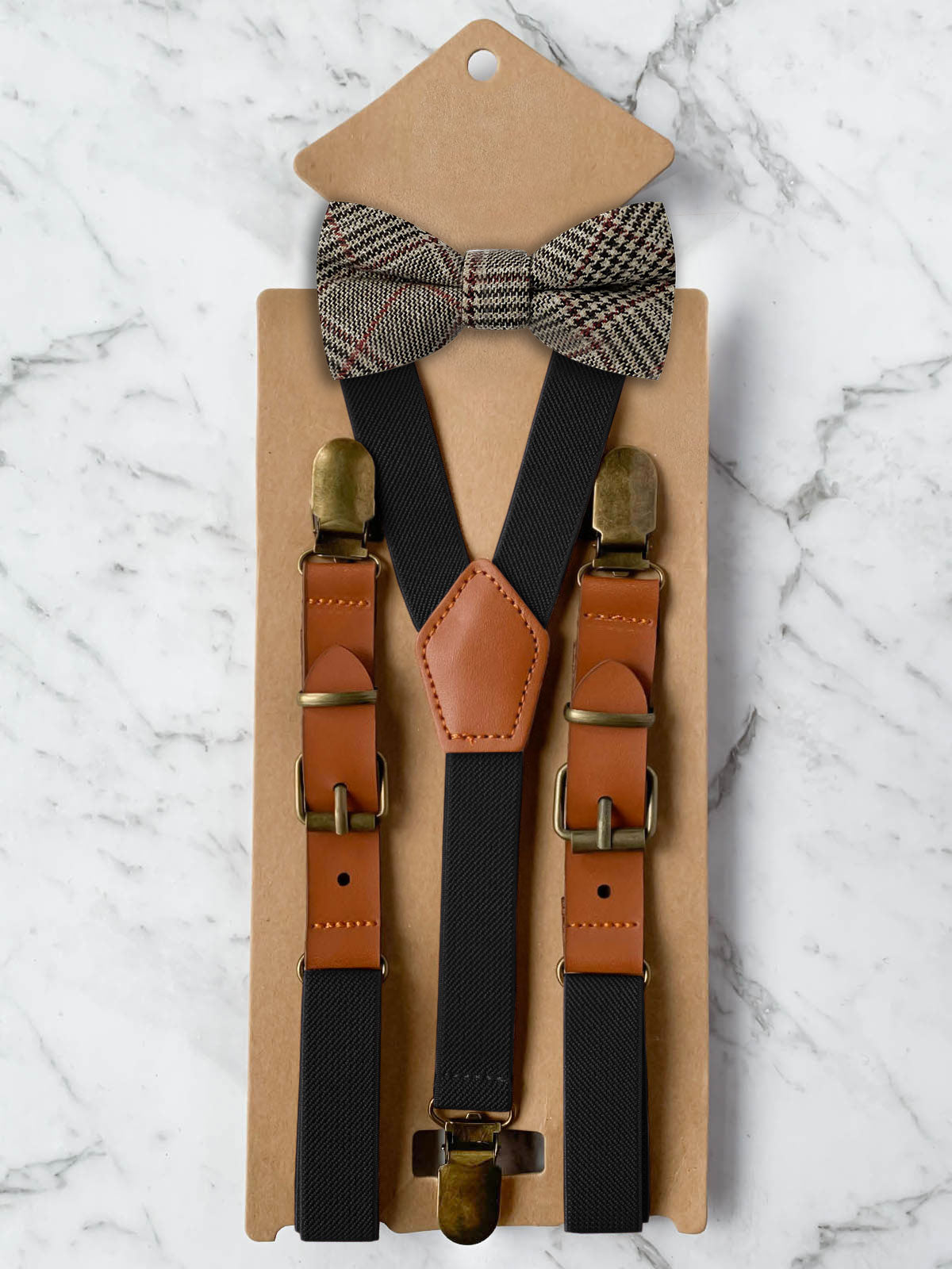 Kids Black Suspenders & Wool Bow Tie Set
