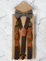 Kids Chocolate Brown Suspenders & Wool Bow Tie Set
