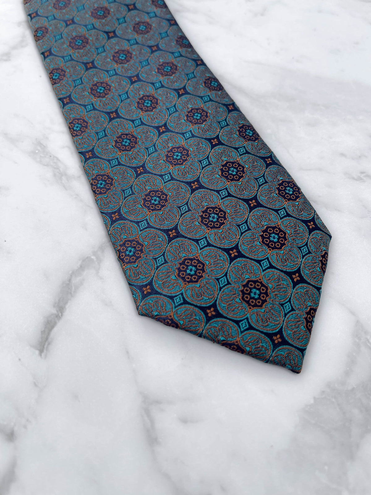 Teal Medallion Patterned 100% Silk Tie