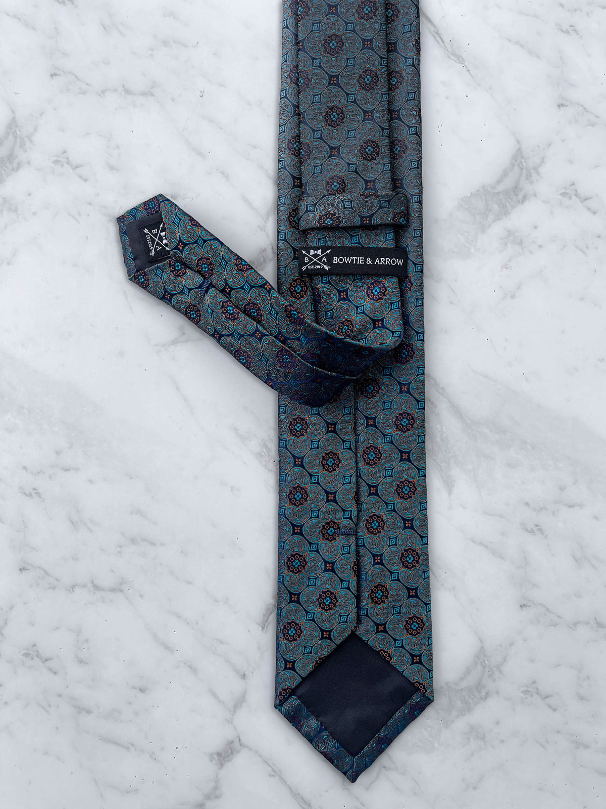 Teal Medallion Patterned 100% Silk Tie