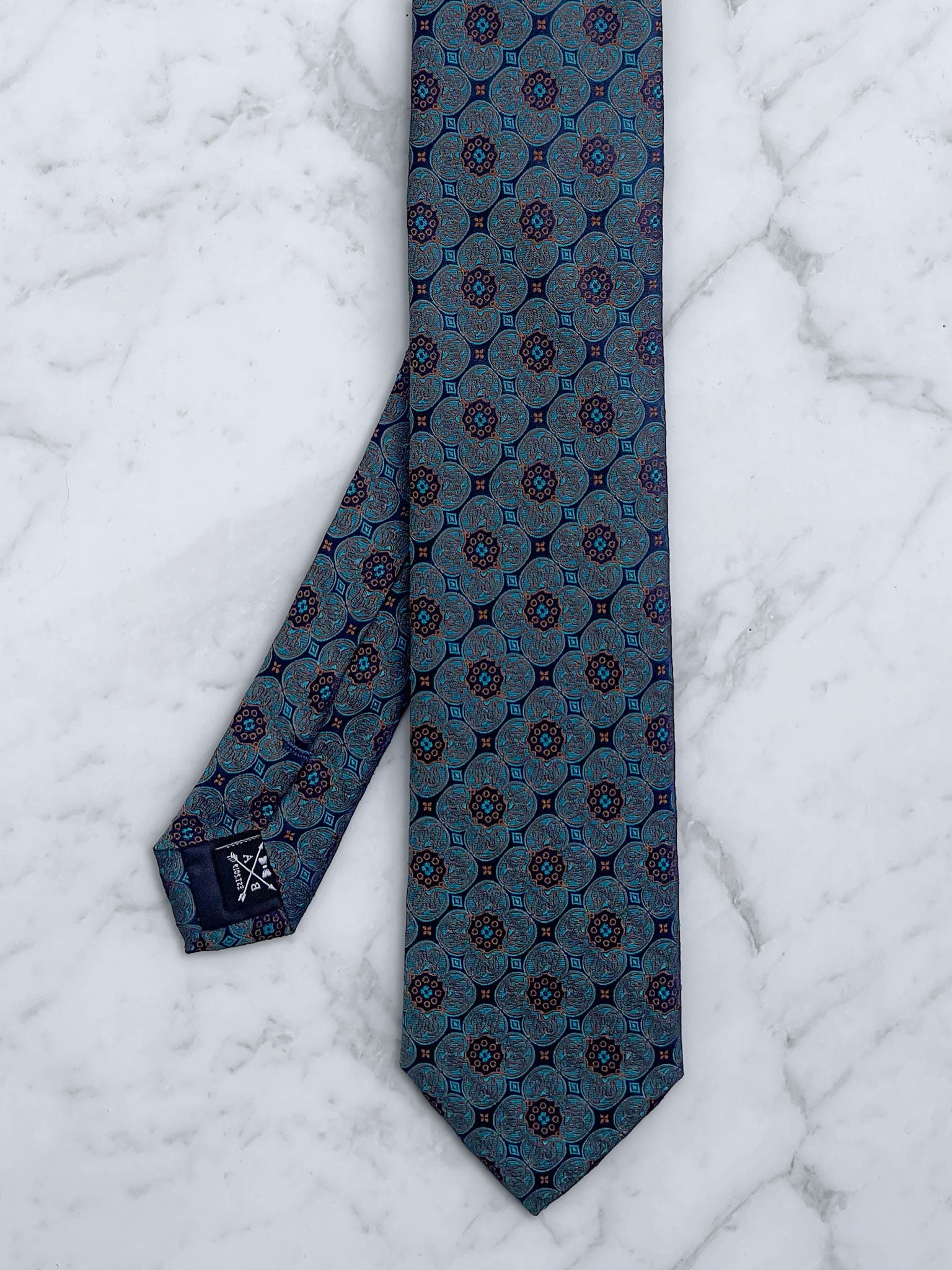 Teal Medallion Patterned 100% Silk Tie