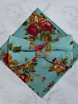 Sky Blue Linen Floral Bow Tie and Pocket Square Set