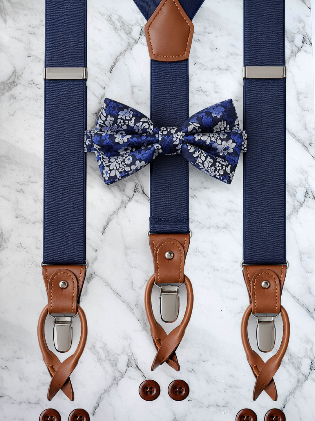 Navy Sakura Silk Bow Tie and Leather Trim Suspenders Set