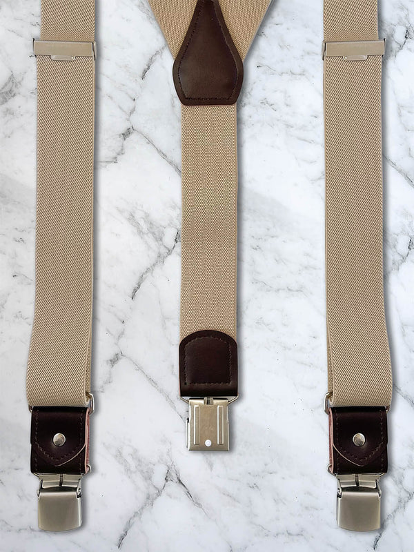 Oatmeal with Brown Leather Trim Heavy Duty Clip Suspenders
