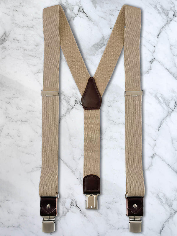 Oatmeal with Brown Leather Trim Heavy Duty Clip Suspenders