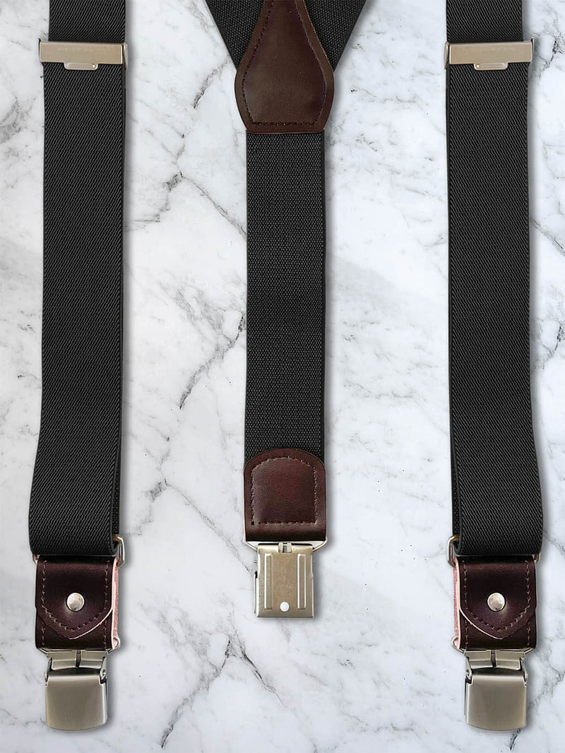 Black with Brown Leather Trim Heavy Duty Clip Suspenders