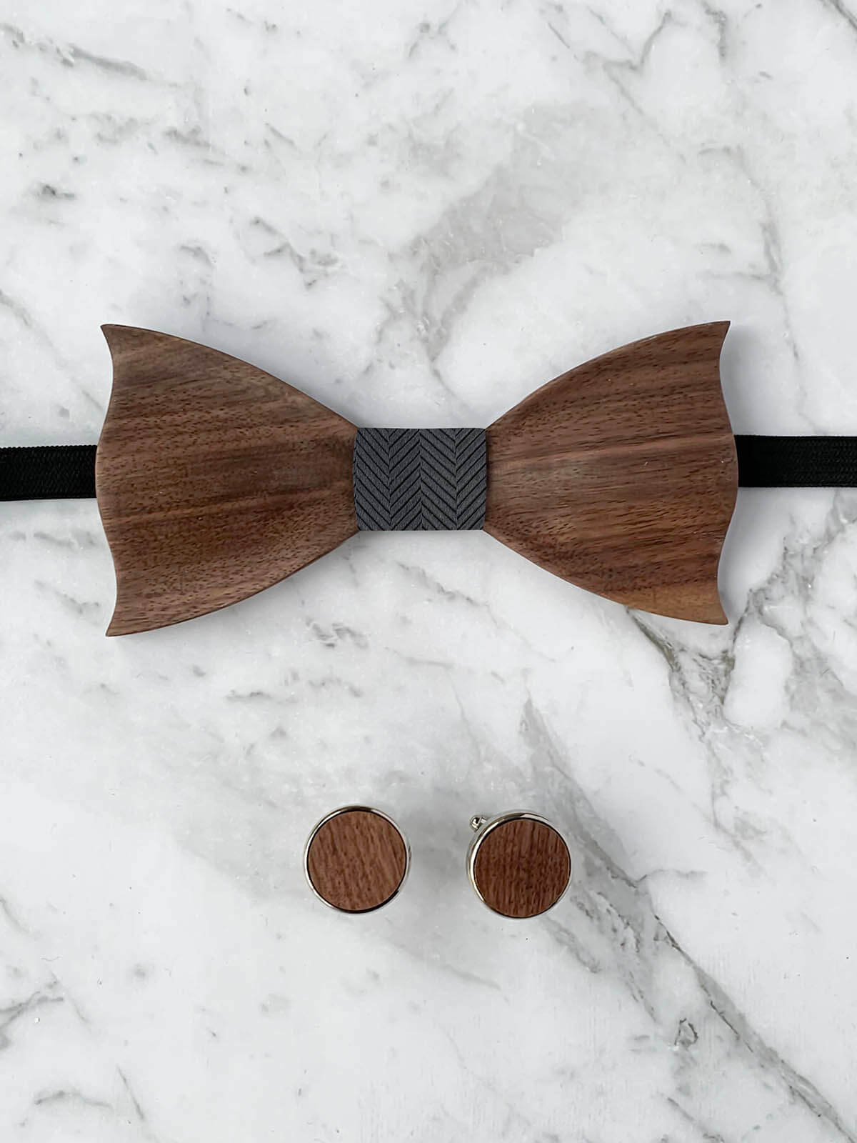 Blue Grey Leather Trim Suspenders, Wooden Bow Tie & Cufflinks Set