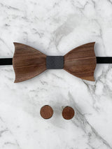 Blue Grey Leather Trim Suspenders, Wooden Bow Tie & Cufflinks Set