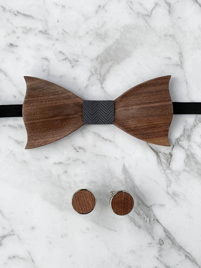 Blue Grey Leather Trim Suspenders, Wooden Bow Tie & Cufflinks Set