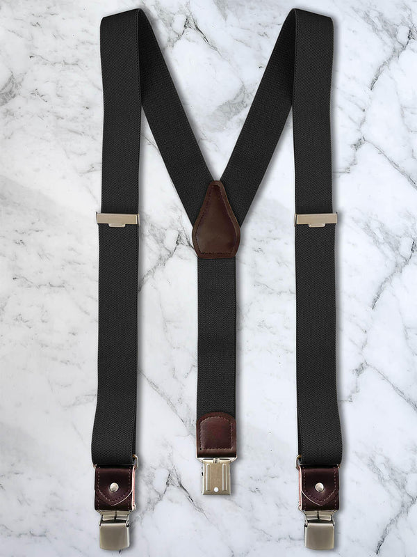 Black with Brown Leather Trim Heavy Duty Clip Suspenders