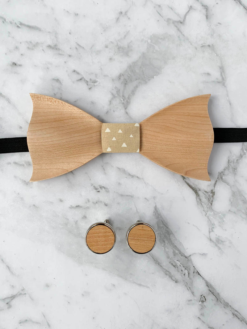 Oatmeal Leather Trim Suspenders, Wooden Bowtie & Cufflinks Set