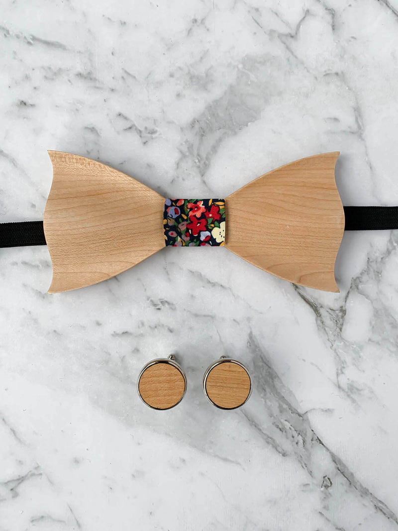 Cotton Maple Wooden Bow Tie & Cufflinks Set