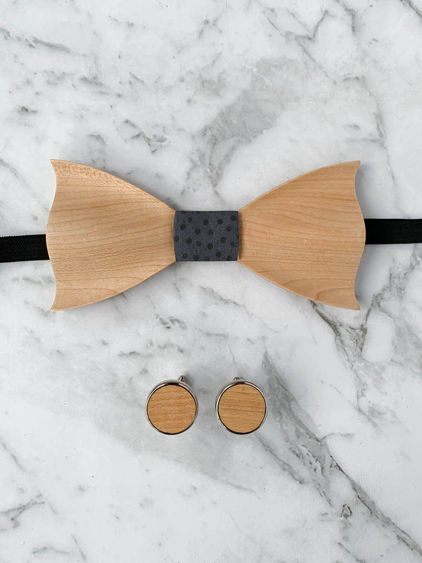 Blue Grey Leather Trim Suspenders, Wooden Bow Tie & Cufflinks Set