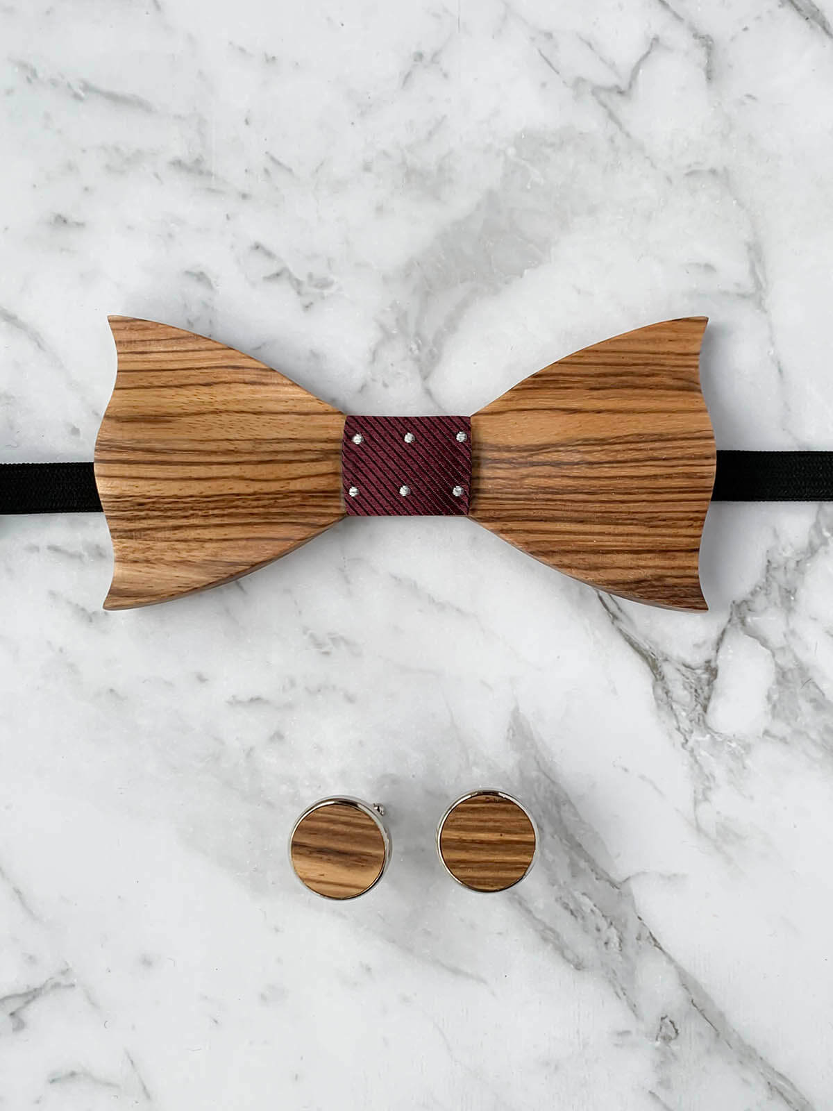 Red Leather Trim Suspenders, Wooden Bowtie & Cufflinks Set