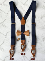 Navy Leather Suspenders With Matching Wooden Bow Tie And Cufflinks | Zebra Wood With Blue & White Floral