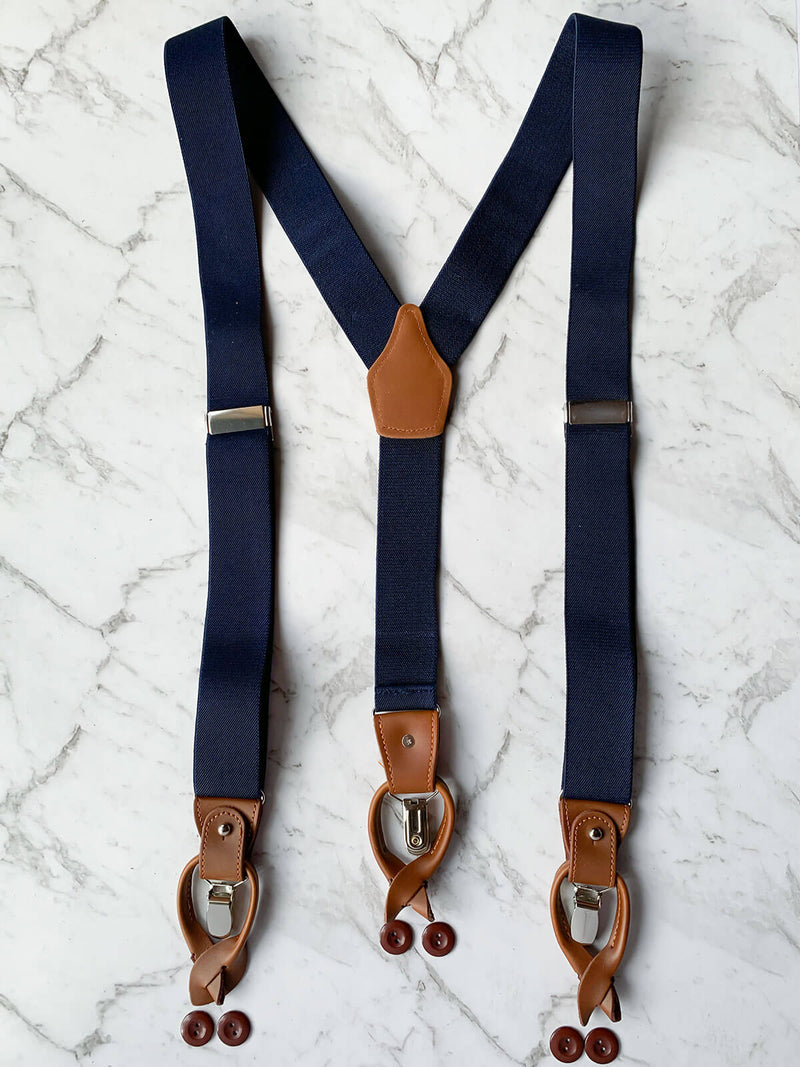 Navy Leather Trim Suspenders, Wooden Bowtie & Cufflinks Set