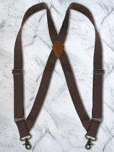 Chocolate Side Trigger Snap X Back Leather Trim Suspenders
