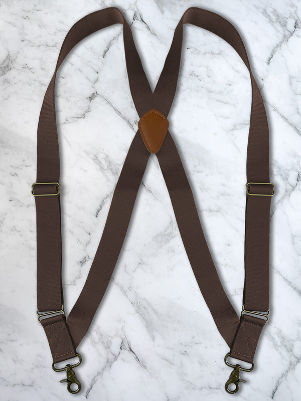 Chocolate Side Trigger Snap X Back Leather Trim Suspenders