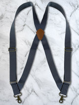 Charcoal Grey Side Trigger Snap X Back Leather Trim Suspenders