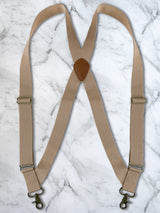 Oatmeal Side Trigger Snap X Back Leather Trim Suspenders