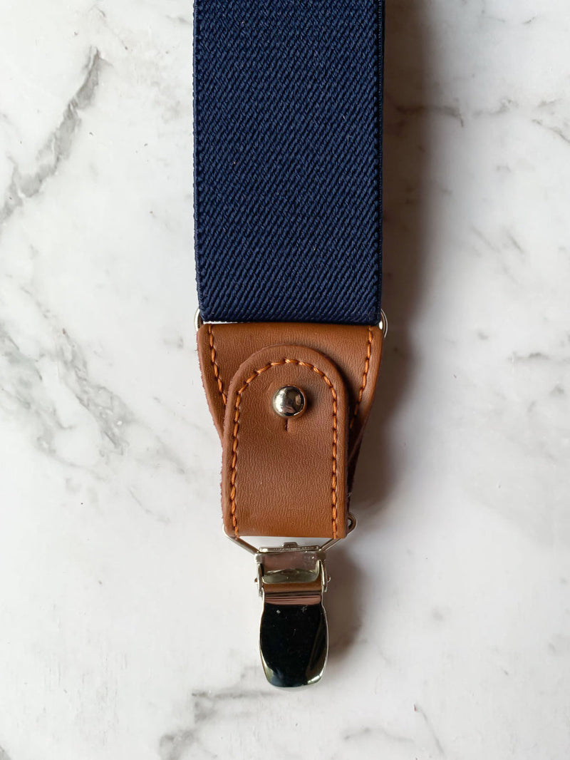 Navy Leather Trim Suspenders & Linen/Cotton Floral Bow Tie Set