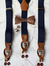 Navy Leather Trim Suspenders, Wooden Bowtie & Cufflinks Set