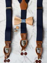 Navy Mens Suspenders With Matching Wooden Bow Tie And Cufflinks | Maple Wood With Blue & White Floral Cotton