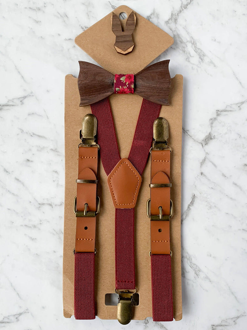 Kids Burgundy Wooden Bow Tie, Suspenders & Brooch Set