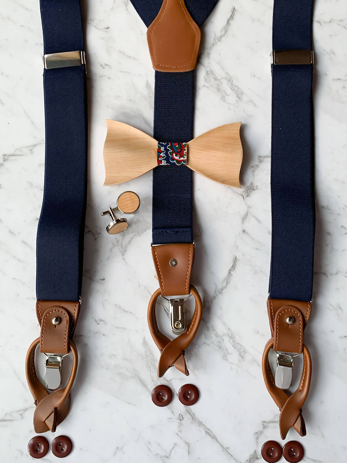 Navy Leather Trim Suspenders, Wooden Bowtie & Cufflinks Set