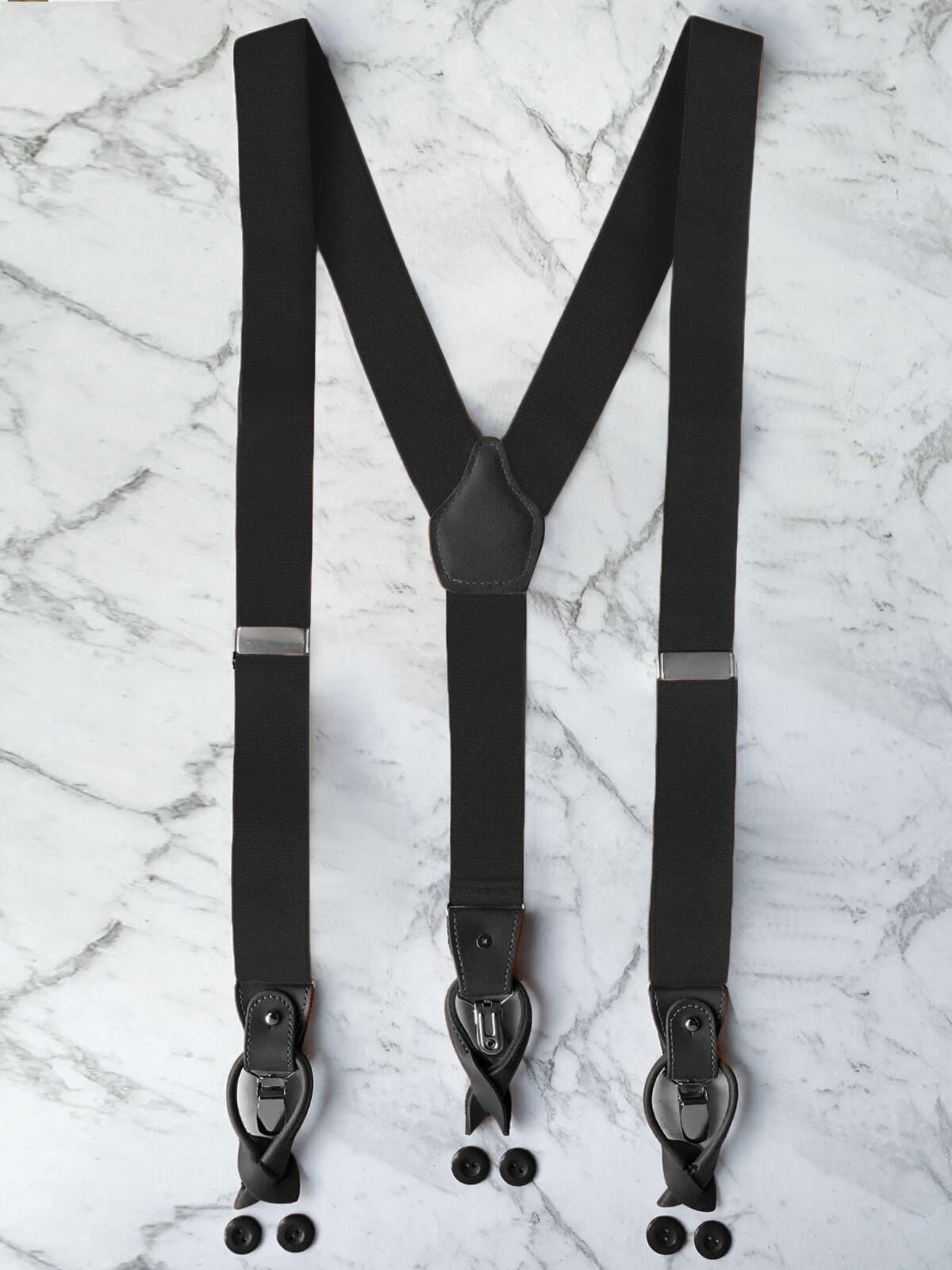 All Black Leather Trim Clip/Button Convertible Suspenders Bowtie & Arrow